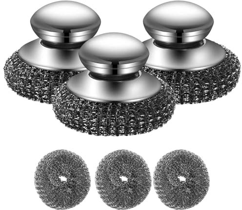 Stainless Steel Scrubber with Handle, Dish Scrubber Brush Steel Wool Scrubber, Heavy Duty Dish Brush with Replacement Pads, Kitchen Small Gadget for Pots, Pans, Grills, Sink Cleaning (3 pcs)