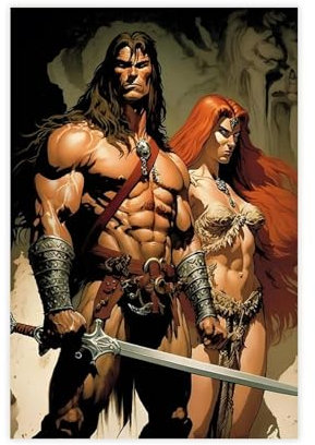 ahnld Leinwandposter Conan, der Barbarische und rote Sonja-Krieger, Schlafzimmerdekoration, Landschaft, Büro, Raumdekoration, Geschenk, 40 x 60 cm