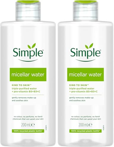 Simple Kind to Skin Cleansing Water Micellar 90% hydration boost facial cleanser and makeup remover 200ml (Pack of 2)
