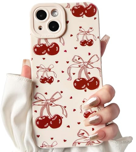 NITITOP Compatible with iPhone 13 Mini Case Cute Bowknot Cherry Pattern Little Heart for Women Girl Soft TPU Shockproof Protective Phone Cover Girly - White