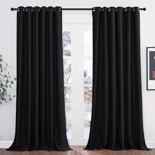 PONY DANCE Blackout Eyelet Curtains, Black, 2 Panels, 79 x 102 Inch | Thermal Insulated 102 Inch Long Extra Wide Curtains for Living Room, Room Darkening, Energy Saving, Super Soft Drapes