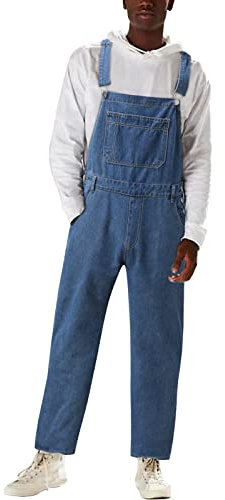 Generisch Salopette da uomo in jeans baggy, tuta da uomo estiva, salopette in jeans, lunghezza elasticizzata, con bottoni, salopette da lavoro a vita alta, vintage, in denim, casual, estive, Blu