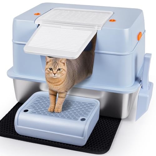 Vivifying Enclosed Stainless Steel Cat Litter Box with Lid, High-Sided, Removable and Metal Stainless Steel Cat Litter Tray with Scoop, Steps and Mat,60 x 40 x 39.5 cm (Blue)