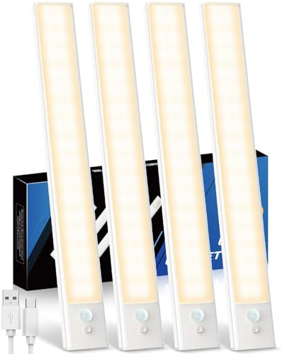 KALAHOL 4 Pack Under Cabinet Kitchen Lights, Motion Sensor Lights Indoor, Type-C, Charging Indicator, for Wardrobe, Under Counter, Cupboard, Stairs, Kitchen (30CM, Warm White)