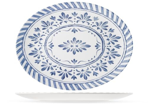 H&H – Set de 6 assiettes ovales Azulejo en mélamine décorée – Style portugais, bleu et azur – Grandes, résistantes, lavables en lave-vaisselle