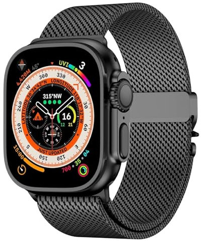 yeziu Cinturino in titanio per Apple Watch Ultra 2 da 49 mm, passante in maglia milanese naturale, per iWatch serie 10, 9, 8, 7, 6, 5, 46 mm, 45, 44 mm e 42 mm, con fibbia a paracadute di sicurezza.(B