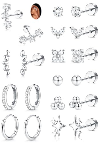 KRFY 10 Paar Ohrringe Gold Silber Set Hypoallergene 316L Chirurgenstahl Ohrringe für Damen Medizinische Ohrstecker Creolen Set Wasserfest 14K Vergoldet Helix Tragus Piercing Ohr Gold Silber