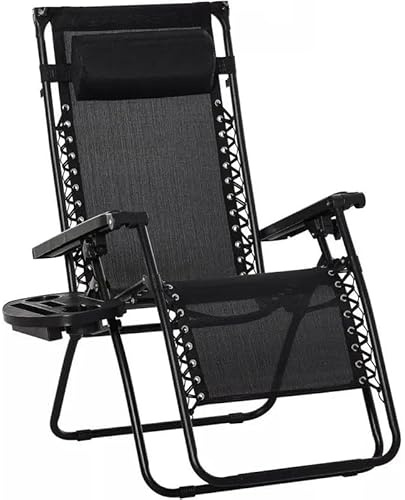 BLOOM BLENDS Zero Gravity Garden Sun Lounger Chair – Folding Recliner with Cup & Phone Holder, Adjustable Headrest Pillow – Outdoor Patio, Beach, Deck, Camping Loungers (1, Black)