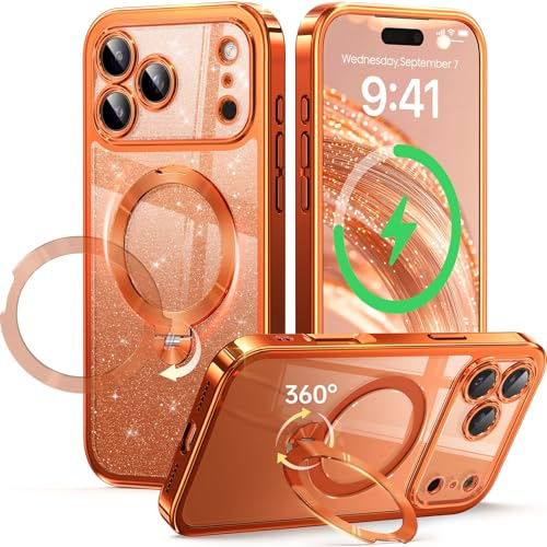 360° Spin CD Stand for iPhone 17 Pro Case Compatible With Magsafe Ring [Never Yellow][DIY Glitter Cardstock] Camera Protection Plating Clear Cute Phone Case for Women Girls 6.3'', Cosmic Orange