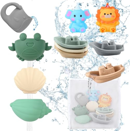 Juguetes Baño Bebe, 16 Pcs Juguetes Bañera para Bebe Niños con Taza de Baño, Barcos Apilados y Jungla Animales, Juguetes para Baño Juego de Ducha Juegos de Agua Juguetes Piscina Juguetes Playa