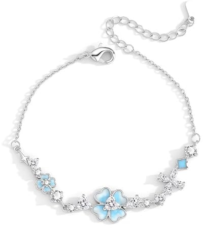 OATHCAF Elegante Blaue Kirschblüte Armband Verstellbar Silber Kette Emaille Kristall Blume Schmuck Statement Charm für Frauen Modisch Accessoires Geschenk