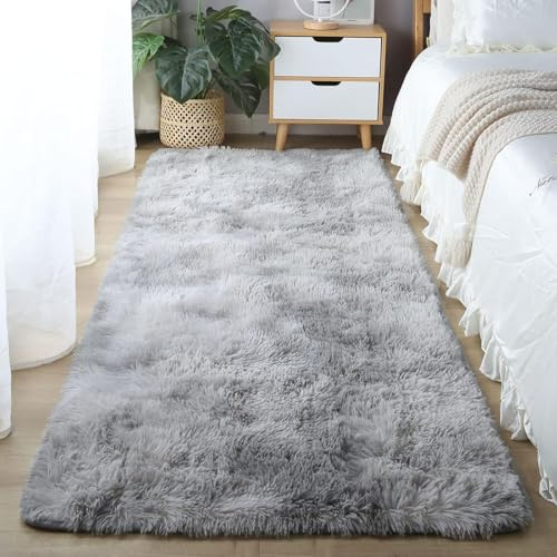 ANJIAJIE Flauschiger Hochflor Teppich 130 x 300 cm Hochflor Langflor Weich Modern Unifarben Flauschig Teppich Wohnzimmer für Wohnzimmer Schlafzimmer Flur, Hellgrau
