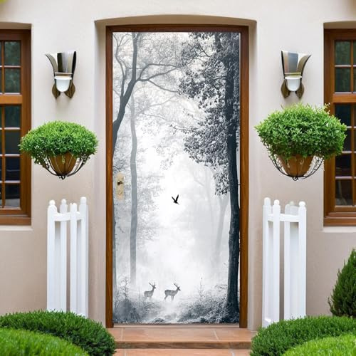Grau Türtapete Selbstklebend Türaufkleber Wälder, Bäume, Dschungel Türfolie Poster 95x210 cm Wasserfest Wandtattoo Türsticker Foto Vinyl Tür Plakat für Schlafzimmer Toilette Verschönern Deko