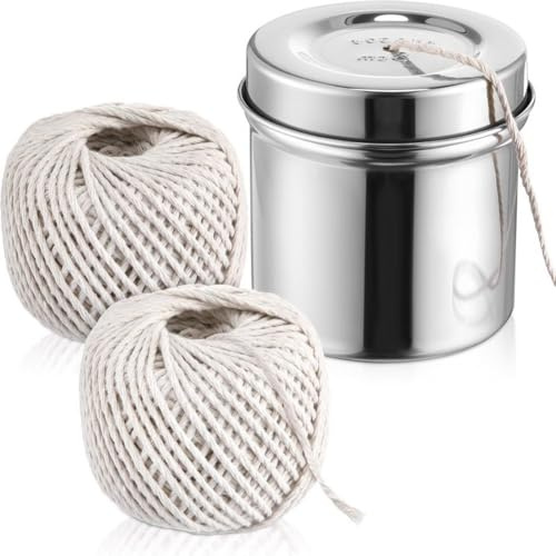 NINMORTH Porte-ficelle en acier inoxydable avec 2 rouleaux de ficelle de cuisson en coton de 65 m pour cuisine, 304 pour acier inoxydable, 12 plis de 2 mm, ficelle de qualité alimentaire