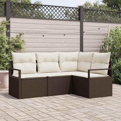 Fangmaliuyun Garten-Sofa-Set 4-Teilig Braun Creme 36,8 kg Poly-Rattan wetterfest Modular mit Stauraum Kleine Terrassenmöbel für Balkon Wintergarten und Lounge-Ecke