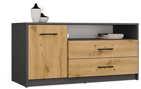 CDF Mueble TV Bajo Salón Compartimento Abierto Televisión 2 Cajones 1 Puerta, Aparador Buffet Compacto Almacenamiento Diseño Antracita Artesanal, Dimensiones 45x109x53 cm Moderno TV Estantería, 35 kg