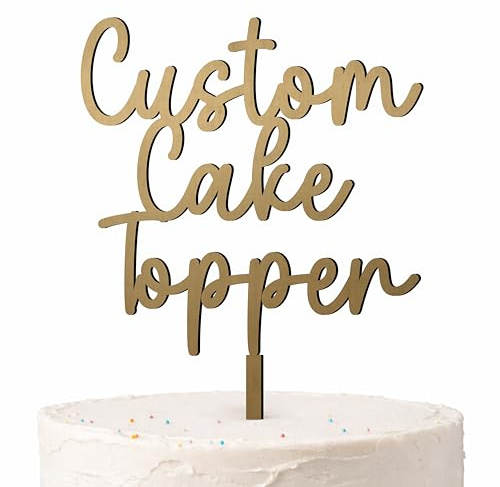 Personalised Cake Topper Custom Wooden Cake Decoration – Any Name or Message, 3mm Thick with Food Safe Sleeve, for Wedding, Anniversary, Graduation, Baby Shower & Party (Gold, 6 Inches (Width))