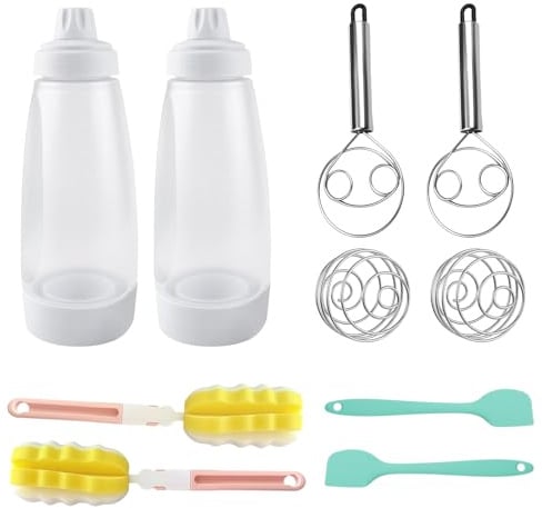 2 PCS Hand Batter Dispenser, Pancake Batter Dispenser 1000ml Mixer Bottle with Cleaning Brush Hand Whisk Silicone Spatula for Cupcake Pancakes Waffle Crepe