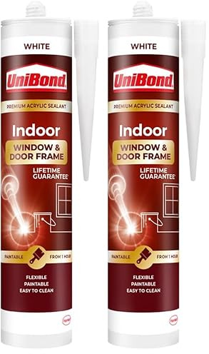UniBond Indoor Window & Door Frame Sealant, White Acrylic Sealant, Paintable from 1 Hour, 1 x 467g Cartridge (Pack of 2)