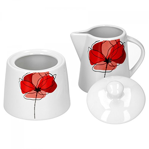 Van Well Zucker + Milch-Set Monika | Zuckerdose mit Deckel | Milchkännchen | Milk & Sugar | Mohn-Blume rot | edles Porzellan-Geschirr | Gastronomie
