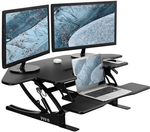 VIVO 109 cm Corner Height Adjustable Cubicle Stand Up Desk Converter, V Series, Quick Sit to Stand Tabletop Dual Monitor Riser Workstation, Black, DESK-V000VC
