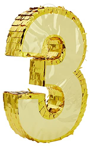 Kleine Pinata Zahl 3 für Kindergeburtstag, Kinderparty, Tischdekoration, 40 x 27 x 8 cm, Gold