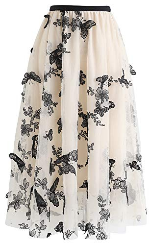CHICWISH Damen-Midirock aus doppellagigem Netztüll mit 3D-Schmetterlingsdesign, Cream, Groß