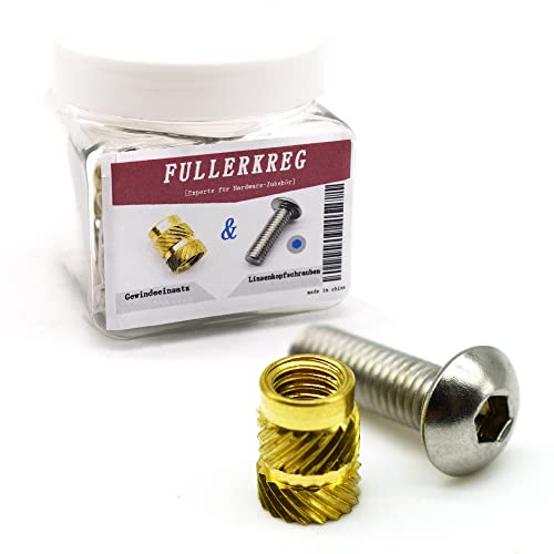 FULLERREG Gewindeeinsatz M8x12.7 (20 Stück)- Messing - durch Wärme oder Ultraschall in 3D-Druck Teile + Linsenkopfschrauben mit Innensechskant (ISK) M8 X 18 Edelstahl A2 (20 Stück)
