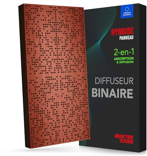 Addictive Sound Diffuseur Binaire Panneau Acoustique 120x60 cm, Mahogany | Hybride 2-en-1 : diffuse 250-9300 Hz et absorbe les basses, hêtre CNC fabriqué en UE, kit mur et plafond, garantie 36 mois
