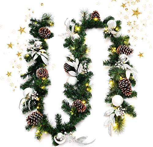 GOPLUS Weihnachtsgirlande, 270 cm Tannengirlande mit 50 LED Beleuchtung, Girlande Weihnachten Warmweiß, Weihnachtsdeko künstlich für Treppen, Kamine