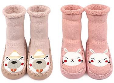 Adorel Pantofole Calzini Antiscivolo in Spugna Bambina 2 Paia Coniglio, Orso 12-18 Mesi (Dimensione del Produttore 13)