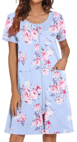 Ekouaer Damen-Hausmantel mit Reißverschluss vorne, kurze Ärmel, Bademantel, Kurzes Nachthemd mit Taschen, S-3XL, Hibiskusblüten, Small