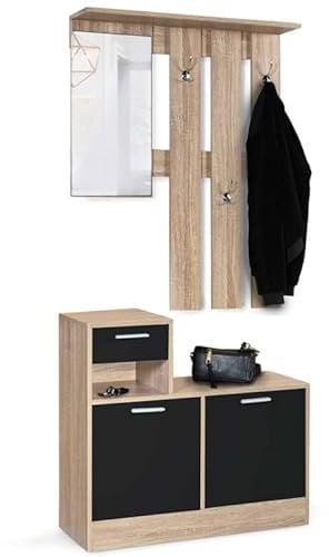 IDMarket - Vestiaire d'entrée avec miroir PAULIN design hêtre portes noires