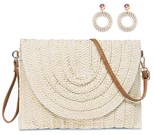 YYIHER Straw Clutch Bags for Women, Straw Shoulder Bag Summer Purse Woven Beach Bags Envelope Bag for Ladies White