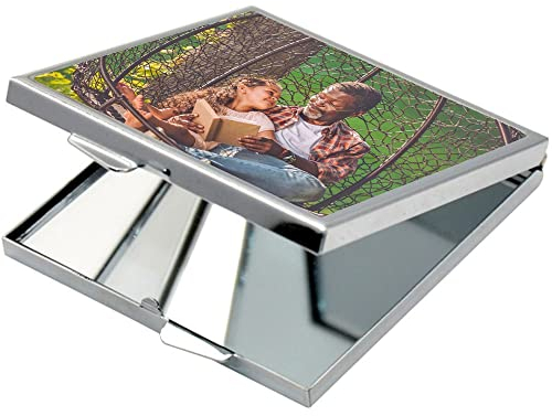 Quadratischer Taschenspiegel mit eigenem Foto - Silberner Stahlspiegel in quadratischer Form mit Fotodruck - Personalisierbarer Taschenspiegel