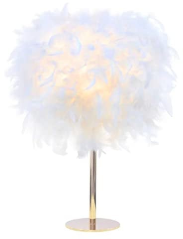 White Feather Table Lamp Bedside Lamp with Rose Gold Metal Base Feather Table Light Desk Lampshade for Bedroom, Living Room, Home Decor