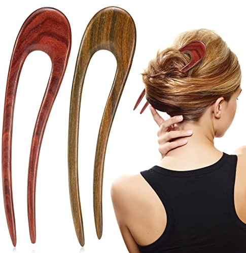 Noverlife 2pcs coupe - cheveux en U français en bois de santal, bâton en bois sculpté à la main, fourche naturelle à double fourche, coupe - cheveux vintage pour femmes, Bun, rouge - Vert