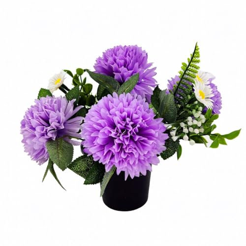 Caliko 25cm Artificial Flower Pots for Graves | Grave Flowers Pots with Improved Design | Chrysanthemum Daisies Purple Perfect for Memorial Funeral & Cemetery Decoration | Grave Ornaments in Pots.