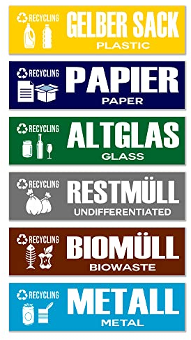 GamesMonkey® - Set of 6 Rubbish bin stickers - Recycling Wastemülleimer Aufkleber - DE - v2 - Organic Waste, Yellow Bag, Waste Paper, Residual Waste, Waste Glass Wheelie (15x4 cm, 6 Stücke)