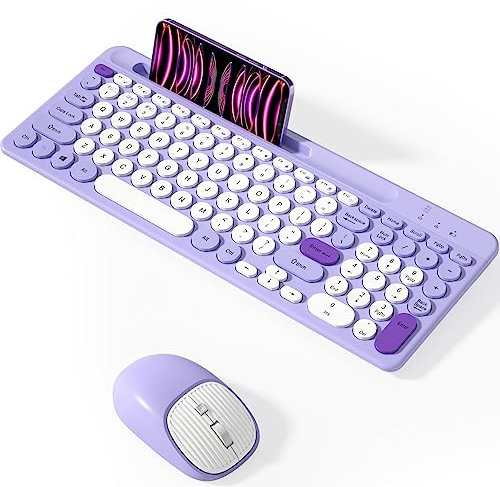 Bluetooth Keyboard and Mouse Wireless, Rechargeable Keyboard and Mouse Combo with Phone Holder (Bluetooth 5.0+3.0+2.4GHz) Quiet Ergonomic Compatible with Mac/Windows/iOS/Android (Purple)