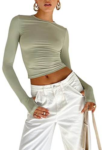 Damen Langarmshirts Y2K Crop Tops Rundhals Slim Fit Top T-Shirt Lässige Streetwear(Green-b, S)