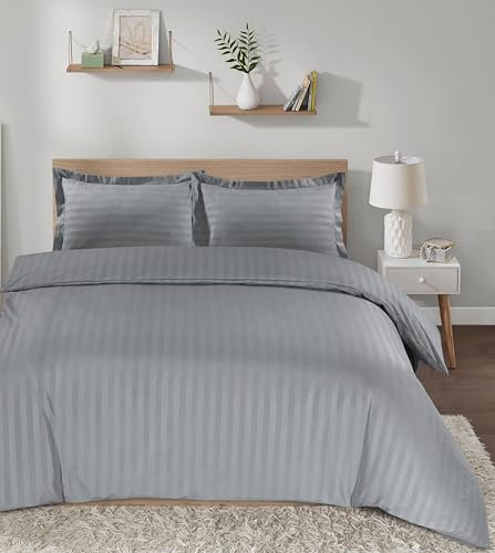 Casabella Set copripiumino a righe in raso, lussuoso set di biancheria da letto matrimoniale argento con strisce di raso, set copripiumino matrimoniale di qualità alberghiera e federe, copripiumino