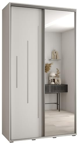 MEBLE KRYSPOL Davos 13 130 Schrank mit Zwei Schiebetüren für Schlafzimmer - Moderner Kleiderschrank mit Spiegel, Kleiderstange und Regalen - 235,2x130x60 cm - Weiß Weiß Silber
