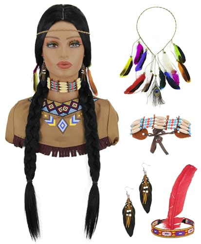 Indianer Perücke für Damen Lange Schwarze Geflochtene Perücke mit Accessoires Halskette Ohrringe Stirnband Perücke Kappe für Kostüm Fasching Karneval Halloween VD108BK