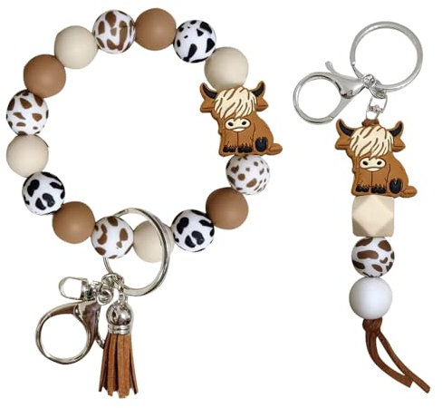 iMagitek Highland Cow Schlüsselanhänger aus Silikon mit Perlen, Highlandkuh, für Mädchen, Frauen, Jungen, Geschenk, 2 Stück, Braun, Medium