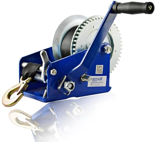 Husar Winch Cabrestante manual 3500 lbs | 1587 kg Con Correa De 10 Metros, Fabricado En Acero Inoxidable, Freno de Trinquete, De Simple Efecto, Para Barcos, Remolques, Industria