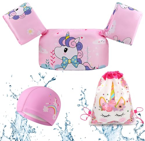 WuGU Kinder Schwimmflügel, Schwimmhilfe Schwimmflügel, Schwimmweste für Kinder 2-6 Jahre, Schwimmgürtel für Jungen und Mädchen, Kinder Schwimm Zubehör mit Badekappe Turnbeutel (Rosa)