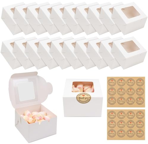 JOYSKY 10 pcs Small White Cookie Boxes, 3.9x3.9x2.6 Inch Bakery Boxes with Window, Providing Gift Packaging Solutions for Mini Cakes, Desserts, Treats, Pastries, Individual Cupcakes,Cake Board and Box