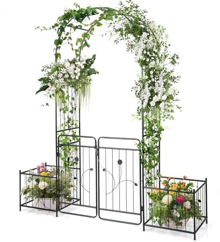 COSTWAY Arche de Jardin de 220 cm avec 2 Bacs Jardinière et Treillis, Pergola Extérieur pour Plantes Grimpantes avec Tubes Métalliques Portail Verrouillable, Décoration pour Mariage Fête
