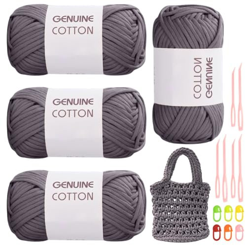 RANJIMA Dunkelgrau Garn, 4 Stück Einfach Garn, Häkelgarn für Anfänger, Gut Sichtbare Maschen Garns Zum Häkeln mit Häkelzubehör, Baumwoll-Nylon-Garns für Kleidung, Decken, Taschen, Pullover